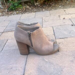 Franco Sarto Tan Heeled Boots with Peep-Toe Design